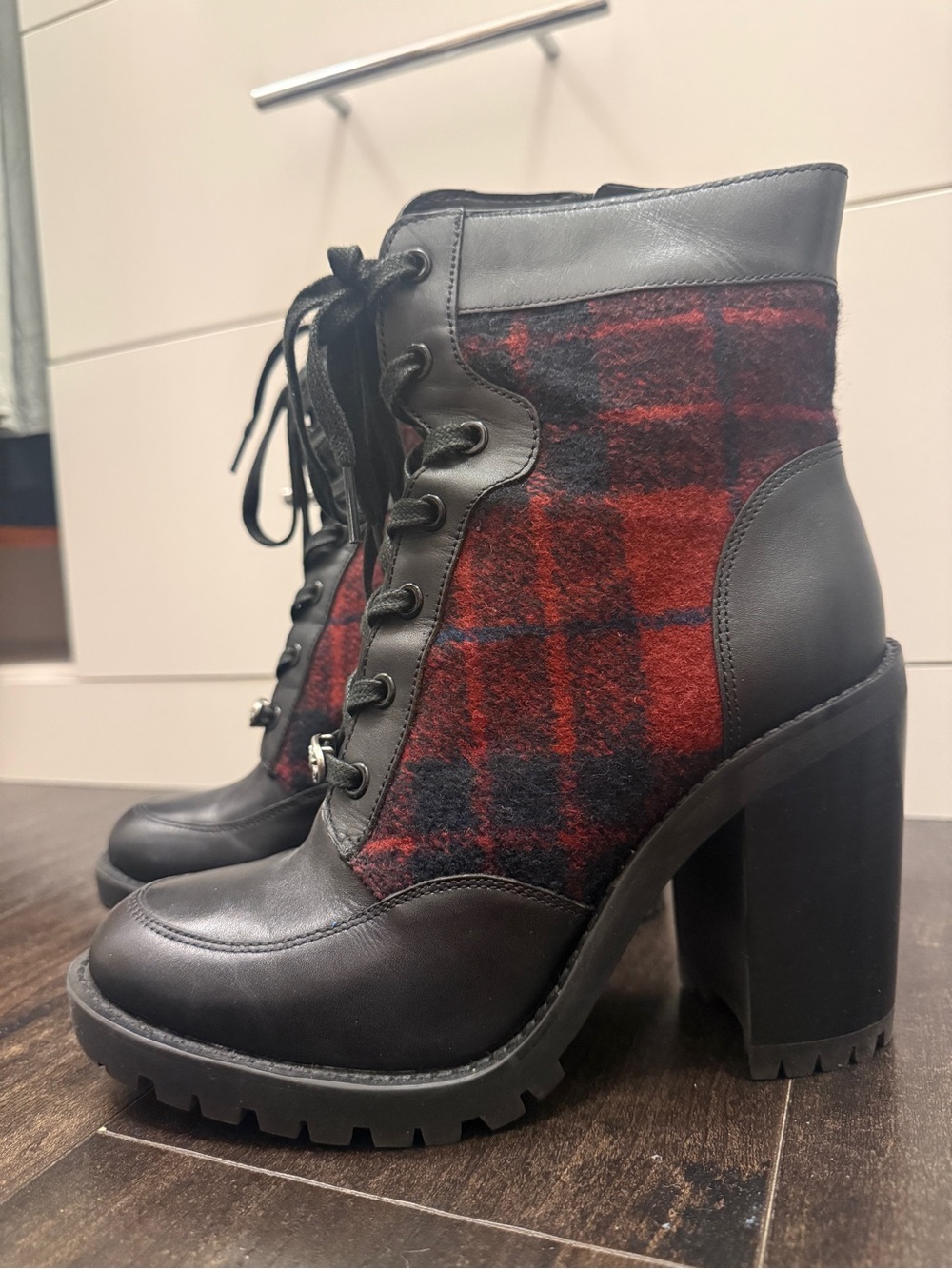 Coach Black Leather & Red Plaid Lace-Up Block Heel Ankle Booties